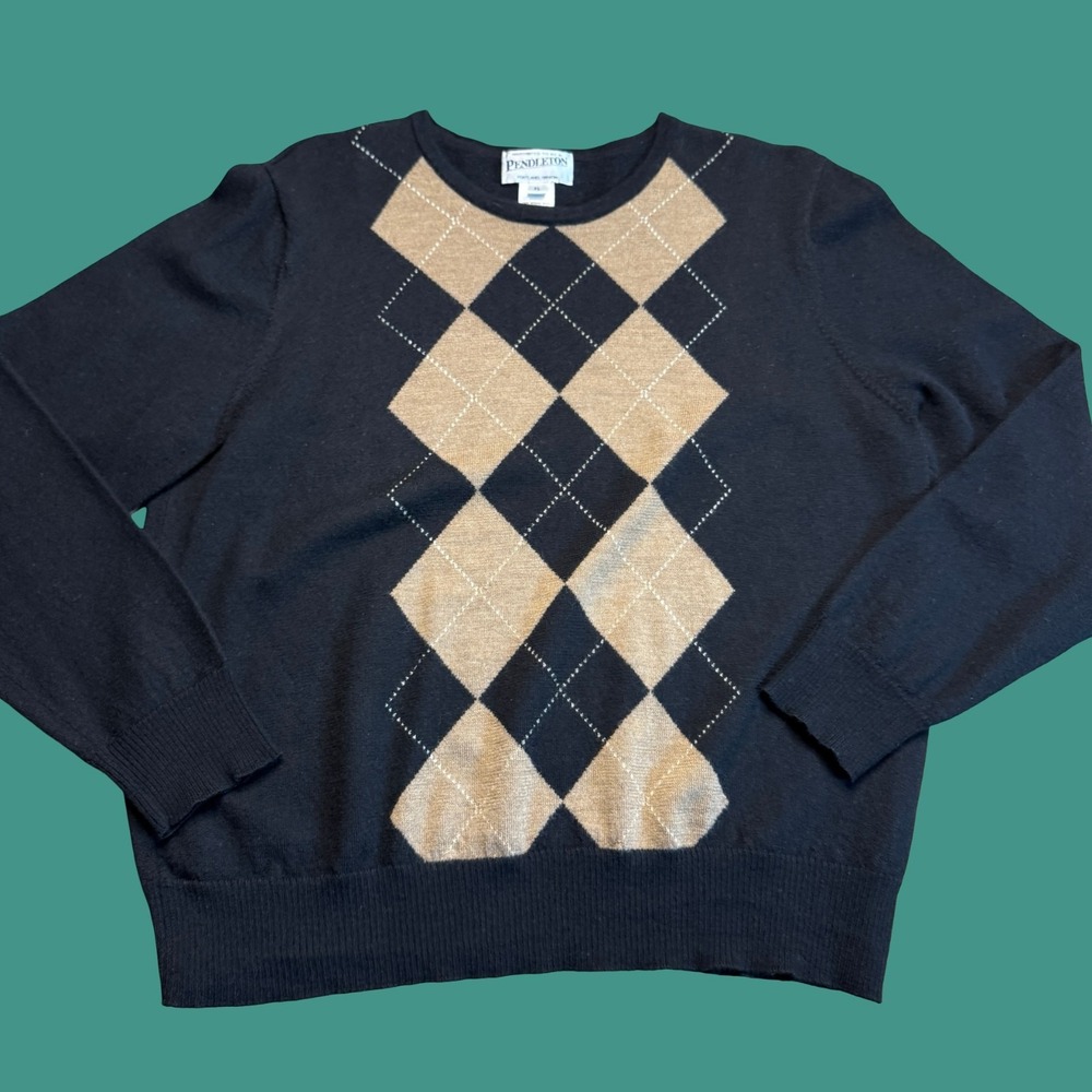 Pendleton Womens XL Merino Wool Pullover Sweater Argyle Black Brown Preppy